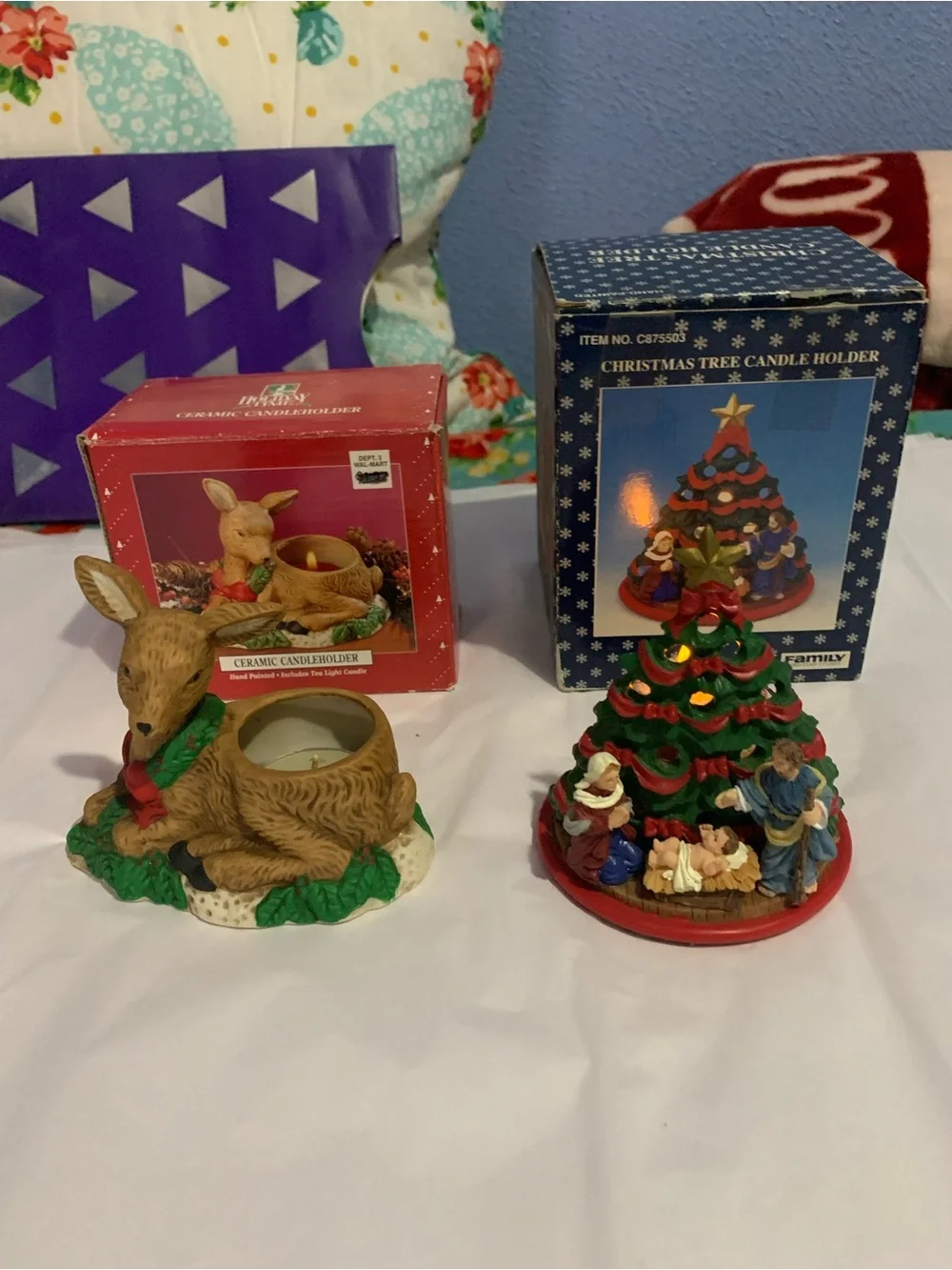 Two Ceramic Christmas Tea Lite Candleholders Deer Tree Nativity